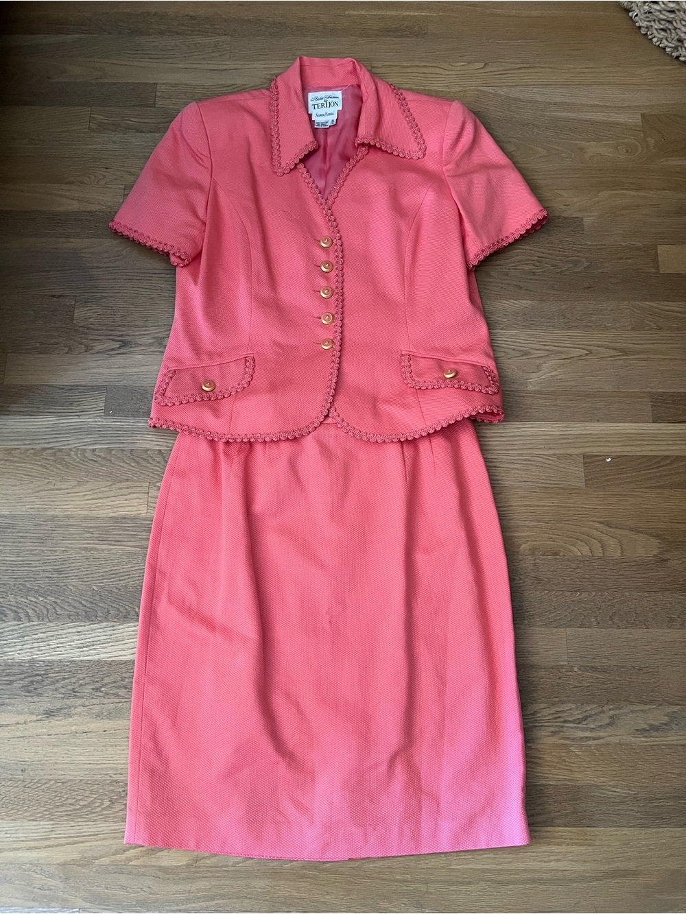 Vintage Teri Jon by Rickie Freeman Coral Pink Skirt Suit Scalloped Cotton 16